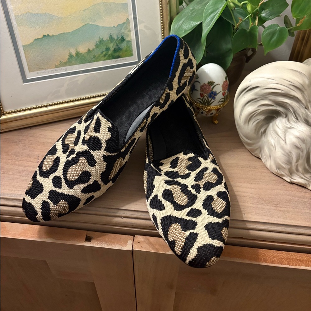 Rothy's Almond Loafers- “Desert Cat”Black and Cream Animal Print Loafers
